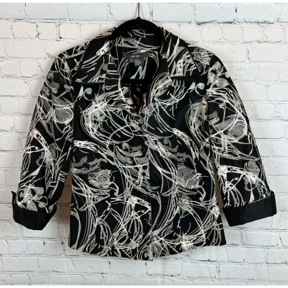PER SE silk black white embroidered jacket blazer size 0